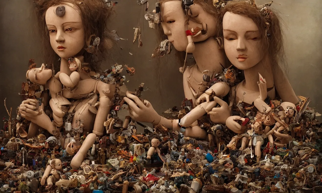 Prompt: a cinematic portrait of a beautiful female jointed wooden doll, holding each other, abandoned, surrounded by broken toys and rubbish, by James C. Christensen, by Tomasz Alen Kopera, by Raphael, 8K, rendered in Octane, cinematic, 3D, volumetric lighting, highly detailed