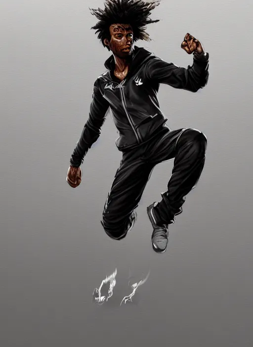 Image similar to a highly detailed illustration of young black guy with tall hair wearing tracksuit with flaming feet, heroic kicking pose, intricate, elegant, highly detailed, centered, digital painting, artstation, concept art, smooth, sharp focus, league of legends concept art, wlop