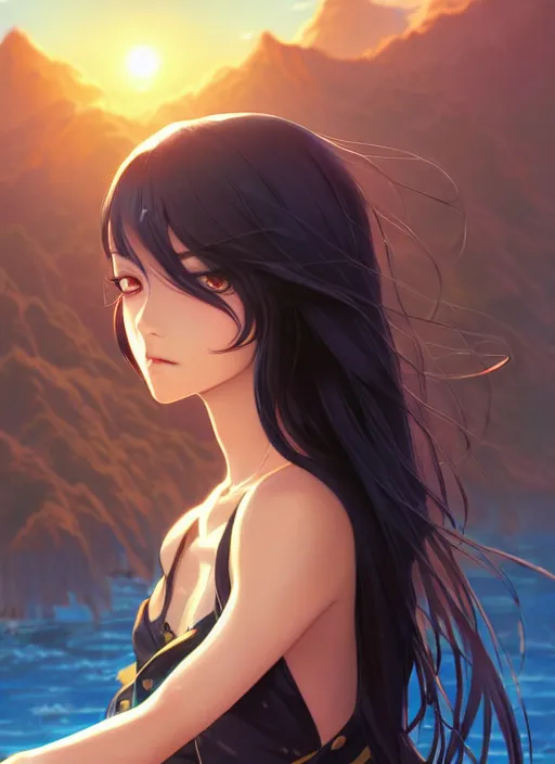 Image similar to a beautiful girl with long black hair in, island background, intricate, highly detailed, digital painting, artstation, official media, anime key visual, concept art, rich vivid colors, ambient lighting, sharp focus, illustration, art by Artgerm, Makoto Shinkai, Ilya Kuvshinov, Lois Van Baarle, and Rossdraws