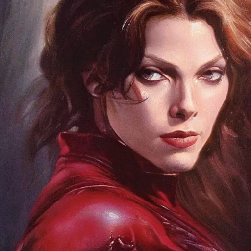 Image similar to ultra realistic portrait painting of scarlet witch in resident evil, art by frank frazetta, 4 k, ultra realistic, highly detailed, epic lighting.