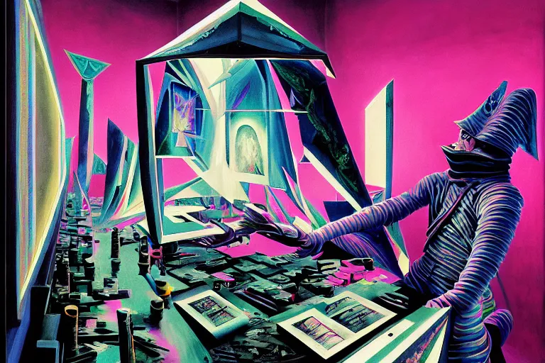 Image similar to a highly detailed beautiful masterpiece painting of a technomancer wizard in dazzle camouflage robes with pointed hood tampering with the world engine in his laboratory near a computer by Remedios Varo and Anato Finnstark and Greg Rutkowski and Andy Warhol, dayglo pink, dayglo blue, prismatic, pearlescent white, raven black, hyperrealism, 8k, trending on ArtStation, rendered in Octane, rendered in Unreal engine, award winning, volumetric lighting