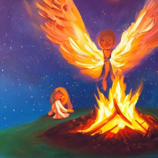Image similar to angels in the sky looking down on earth at 6 people around a campfire at night, oil paint on canvas