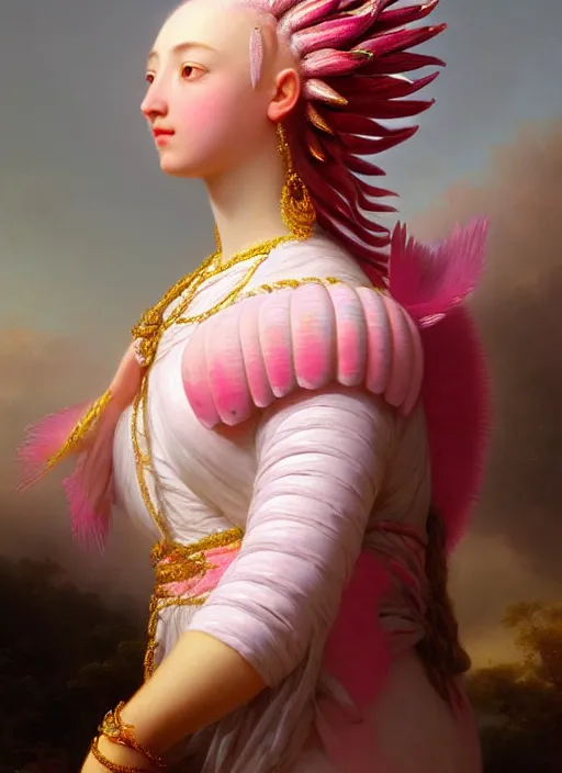 Image similar to stunning corean godess princess, detailed pink and white protea head peace against a black backdrop by ivan aivazovsky, wlop, super sharp details, photorealism, 5 0 mm lens, oil painting, beautiful soft lighting, muted colours, artstation