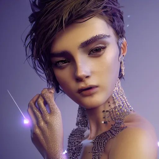 Prompt: full body detailed, ethereal, human body, covered in diamonds and other gems glowing, highly detailed face, elegant posed, intricate, extremy detailed, beeple, cgsociety, 3 d unreal engine octane render. cinematic lighting, highly detailed 4 k art