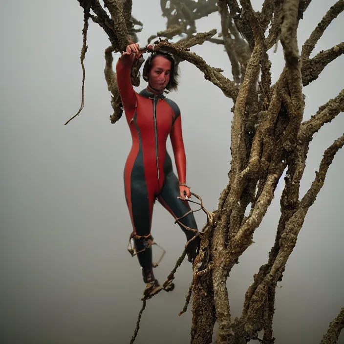 Image similar to a closeup portrait of a woman wearing a wetsuit made of rusted nails and ribbons, picking plums from a tree in an orchard, foggy, moody, photograph, by vincent desiderio, canon eos c 3 0 0, ƒ 1. 8, 3 5 mm, 8 k, medium - format print