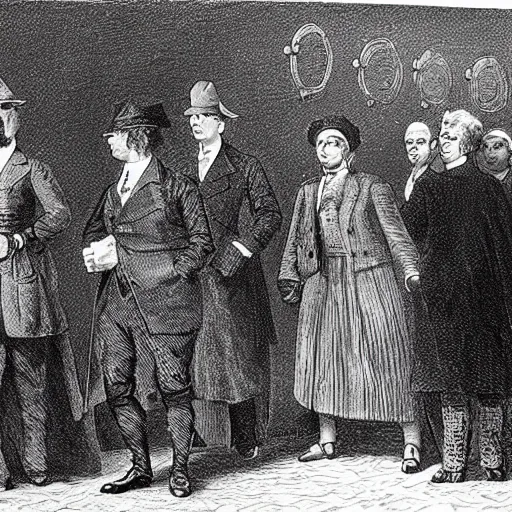 Image similar to historical figures walking in line