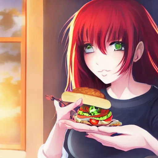 Prompt: a girl eating a sandwich, red hair, anime art, detailed, hd, smooth