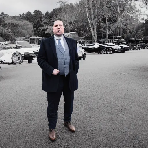 Image similar to the chubby white man stood patiently on the trailer lot, his legs spread apart, wearing an olive green overcoat, dark gray chalk stripe three-piece suit, a blue dress shirt with white cuffs and collars, a midnight blue necktie, and a pair of worn-in wheat Timberland Boots