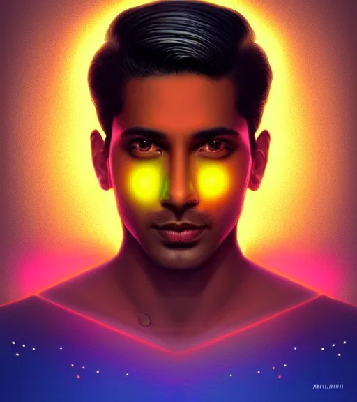 Image similar to symmetry!! indian prince of technology, solid cube of light, hard edges, product render retro - futuristic poster scifi, lasers and neon circuits, brown skin handsome indian prince, intricate, elegant, highly detailed, digital painting, artstation, concept art, smooth, sharp focus, illustration, dreamlike, art by artgerm