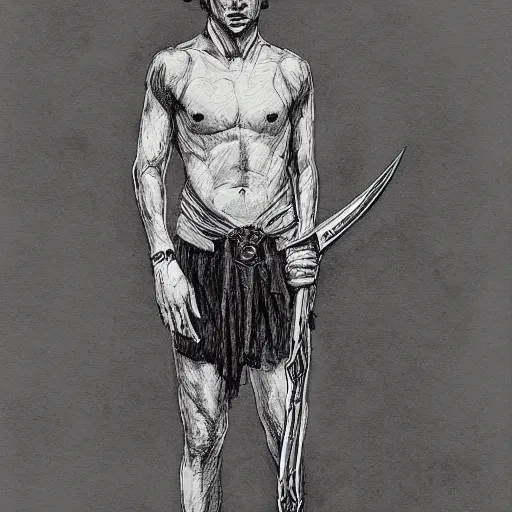 Prompt: a young man holding a ritual blade, full body character portrait, ink drawing, black and white, highly detailed concept art by tim bradstreet