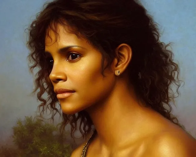 Prompt: beautiful glorious realistic oil painting of young halle berry, bokeh, baroque style by bouguereau, sunset, highly detailed and photorealistic, 8 k high detail and intricate