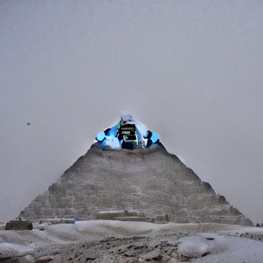 Prompt: a photo of the pyramid of giza in a blizzard