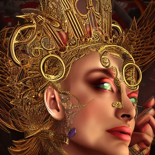 Prompt: queen of metal profile, 4 k, ornate and intricate, jaw dropping, surreal, octane render