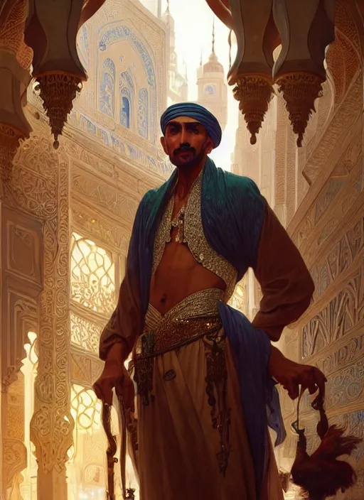 Image similar to an arabian man in the market, shiny, fantasy, intricate, elegant, hyper detailed, ultra definition, photoreal, artstation, unreal engine rendered, concept art, smooth, sharp focus, illustration, art by artgerm and greg rutkowski and alphonse mucha and garis edelweiss