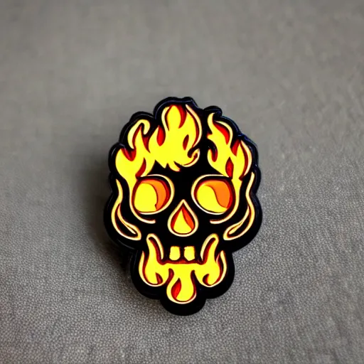 Prompt: vintage minimalistic clean skull with roaring fire flame warning enamel pin