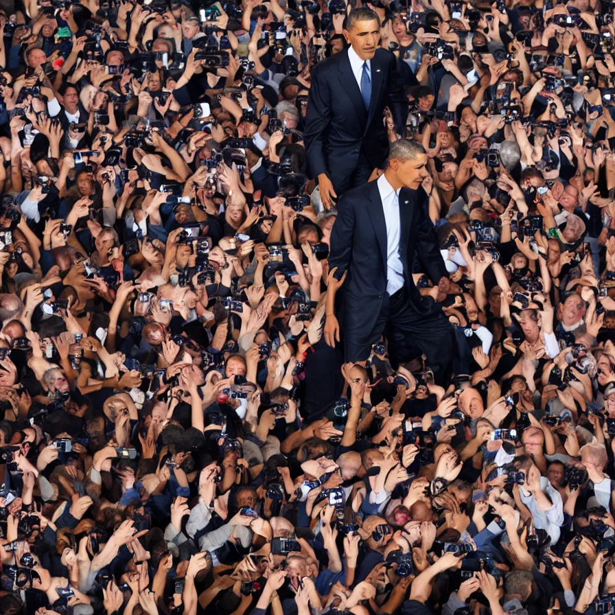 Image similar to award - winning photograph of barack obama!!!!!!! bending and looking down at the camera, megalophobia, very low - angle shot, camera looking up, worm's eye view, professional picture, very highly detailed, cinematic lighting, spotlights, muscular, photo, sharp, clear