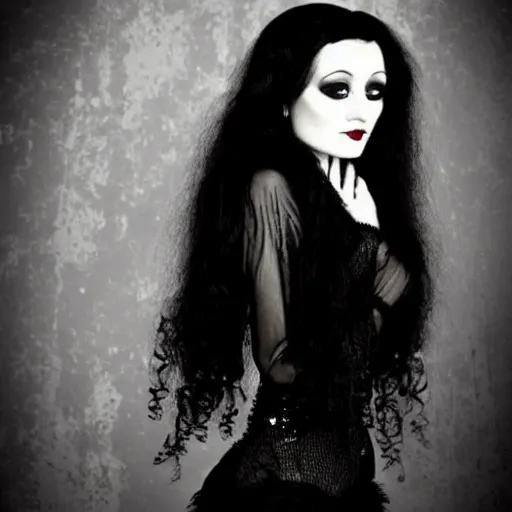 Prompt: young woman, angelica morticia addams, long black hair, short, flapper, vintage, creepy, beautiful, macabre