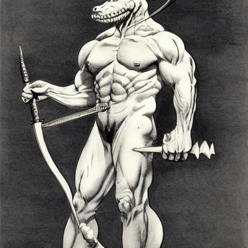 Image similar to dog-faced muscular goblin, lizard tail, holding scimitar made of bone, drawn by Frank Frazetta