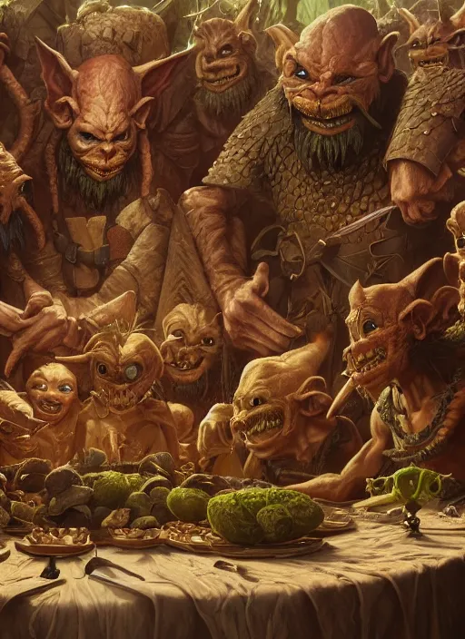 Image similar to highly detailed closeup group portrait of medieval goblins having a banquet, stephen bliss, unreal engine, greg rutkowski, ilya kuvshinov, ross draws, hyung tae and frank frazetta, tom bagshaw, tom whalen, nicoletta ceccoli, mark ryden, earl norem, global illumination, god rays, detailed and intricate environment