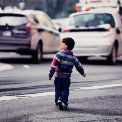 Prompt: photo of a toddler walking in the middle of traffic