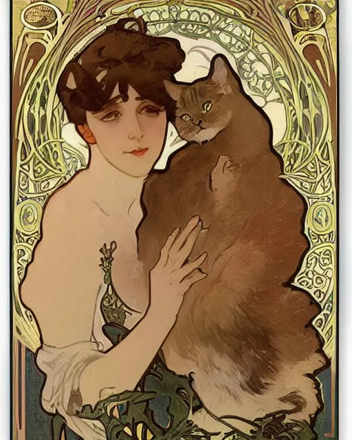 Prompt: art nouveau poster advertising a cat cafe by alphonse mucha, antique canvas texture