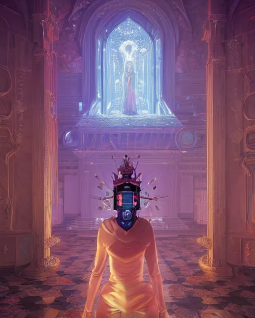 Image similar to highly detailed surreal vfx portrait of a cyberpunk queen in a majestic castle by golden tree, stephen bliss, unreal engine, greg rutkowski, loish, rhads, beeple, makoto shinkai and lois van baarle, ilya kuvshinov, rossdraws, tom bagshaw, alphonse mucha, global illumination, detailed and intricate environment