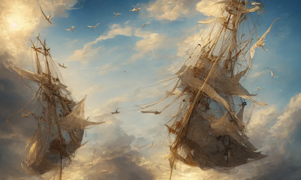 Image similar to a beautiful digital painting of a white caravel flying in the clouds, birds in the sunlight, numerous golden ropes and intricated sails, blue sky at sunset, elegant, highly detailed, artstation, concept art, matte, sharp focus, art by tom bagshaw, kelogsloops and greg rutkowski