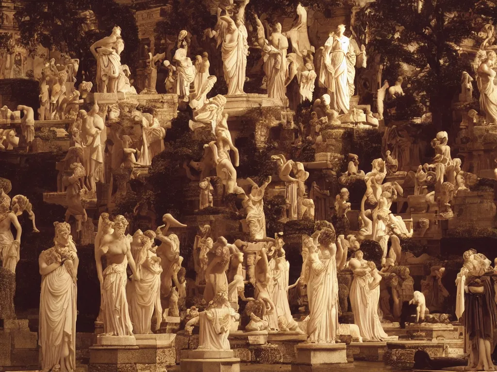 Prompt: a temple filled with statues torchlighting. ambient occlusion. atmopsheric depth.. sir lawrence alma - tadema, john william godward, arnold bocklin, herbet james draper, caravaggio,