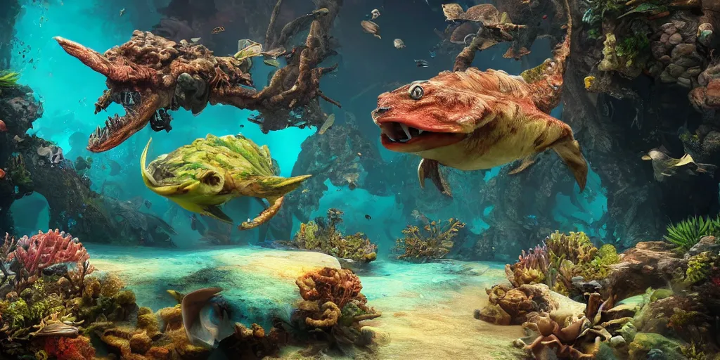 Image similar to underwater enviroment with Lophiiformes creatures, unreal 5, hyperrealistic, realistic, photorealistic, dynamic lighting, highly detailed, cinematic landscape, studio landscape, studio lighting