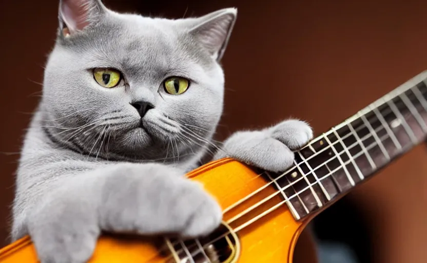 Prompt: british shorthair cat playing the guitar: