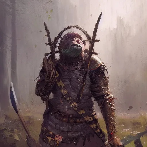 Image similar to portrait of the grinning elder goblin wearing chainmail whilst concealing a spear within the interior orc encampment greg rutkowski ismail inceoglu ishbel myerscough