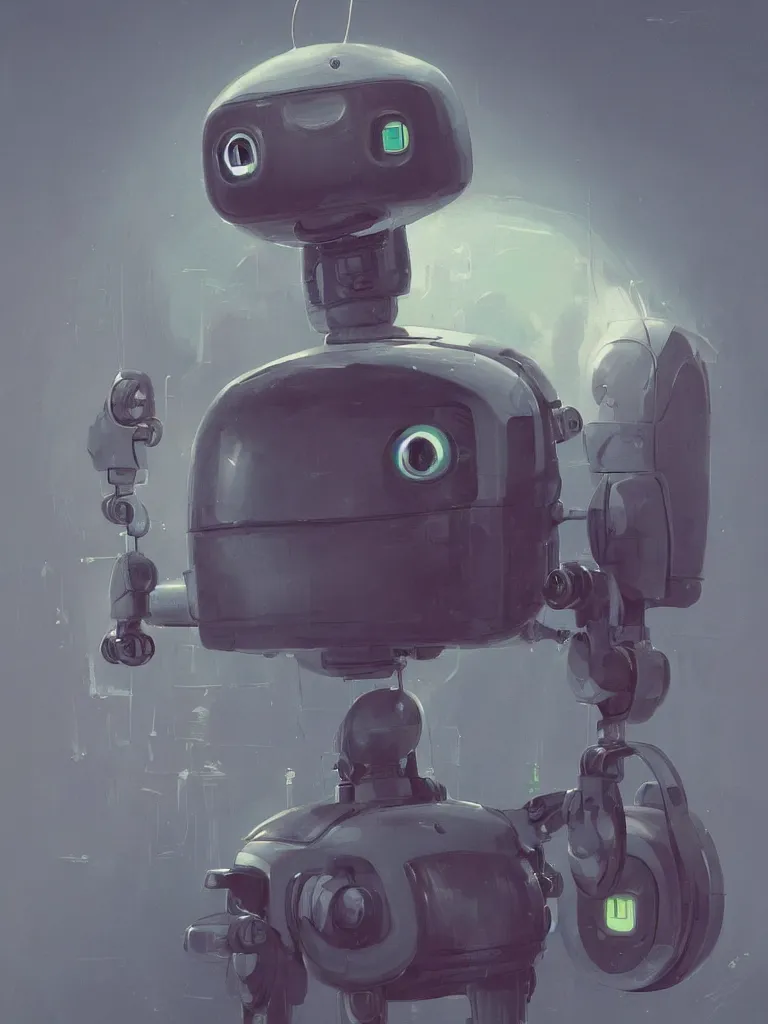 Prompt: a portrait of a cute robot in a painting from stalenhag, 4 k, 8 k, hdr, artstation, concept art