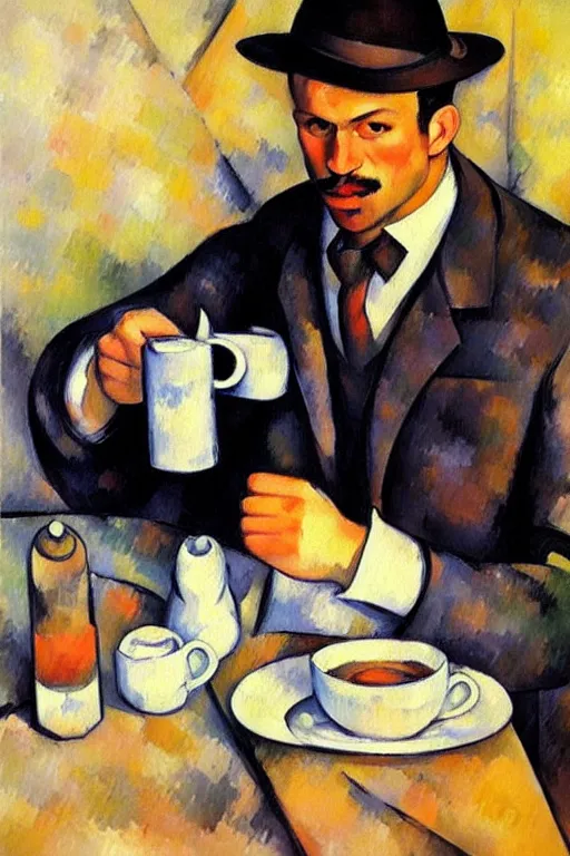 Image similar to attractive man drinking coffee, sunset, painting by paul cezanne, vladimir volegov, j. c. leyendecker, tom of finland, trending on artstation