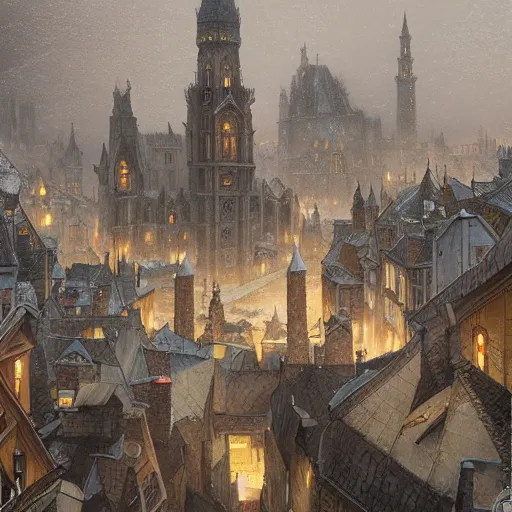 Image similar to an ultra detailed matte painting of the quaint capital city of galic, grid shaped city cobblestone streets, fantasy city, light snowfall, wind, inspiring gothic architecture, ultrawide lense, aerial photography, unreal engine, exquisite detail, 8 k, art by greg rutkowski and alphonse mucha