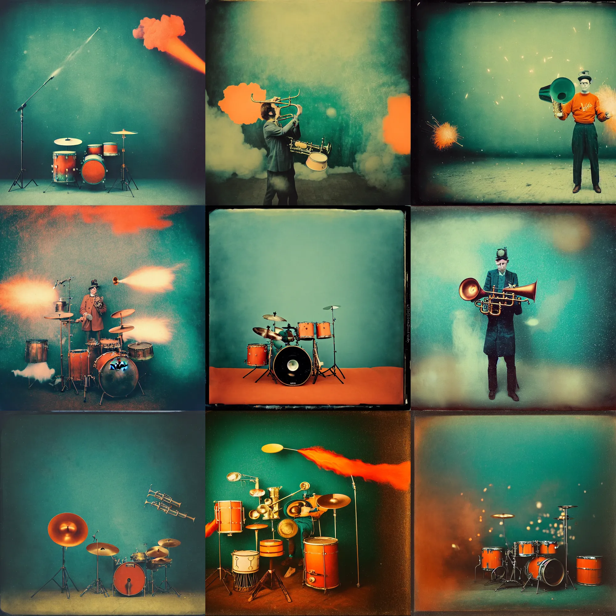Prompt: kodak portra 4 0 0, wetplate, muted colours, teal orange, drum set, trumpet, 1 9 1 0 s style, motion blur, portrait photo of a backdrop, explosions, rockets, bombs, sparkling, stargazer, snow, fog, steampunk, by georges melies and by britt marling
