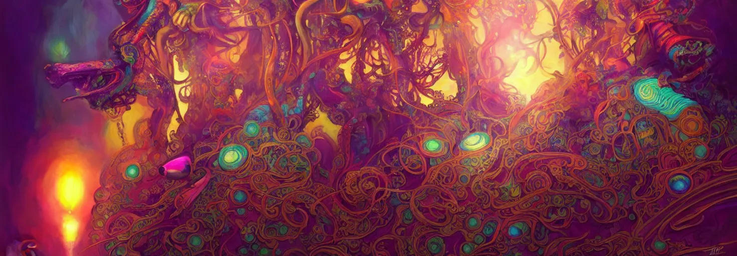 Prompt: An extremely psychedelic experience, colorful, surreal, dramatic lighting, magic mushrooms, psilocybin, LSD, mecha face, detailed, intricate, elegant, highly detailed, digital painting, artstation, concept art, smooth, sharp focus, illustration, art by Marco Plouffe, Krenz Cushart and Artem Demura and alphonse mucha