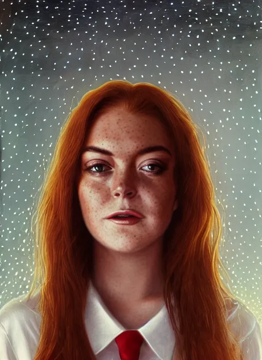 Prompt: portrait of teenage lindsay lohan, long haircut, flowing ginger hair, freckles, white shirt, red tie, smiling kindly, forest at background, 1 9 8 0 s, intricate, elegant, glowing lights, highly detailed, digital painting, artstation, concept art, smooth, sharp focus, illustration, art by wlop, mars ravelo and greg rutkowski