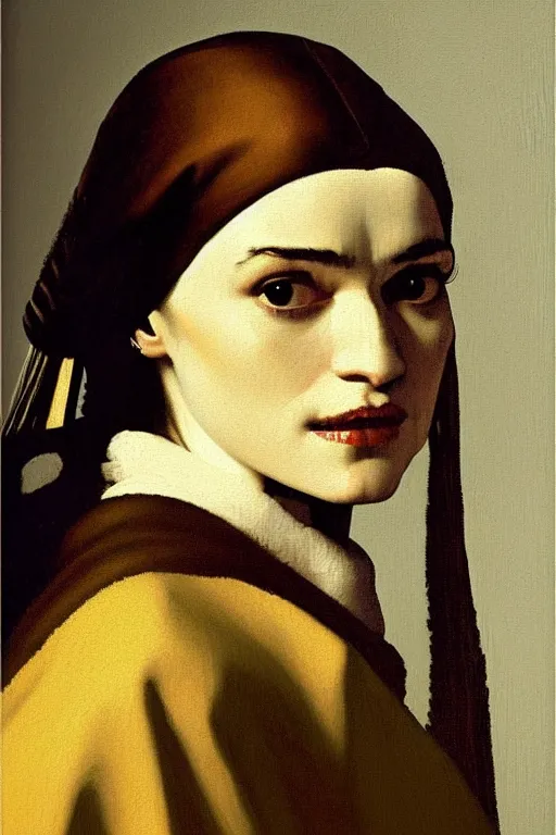 Prompt: johannes vermeer portrait of rachel weisz, beautiful oil portrait painting, wonderful masterpiece highly detailed, smooth, sharp focus, dramatic illumination, ultra realistic