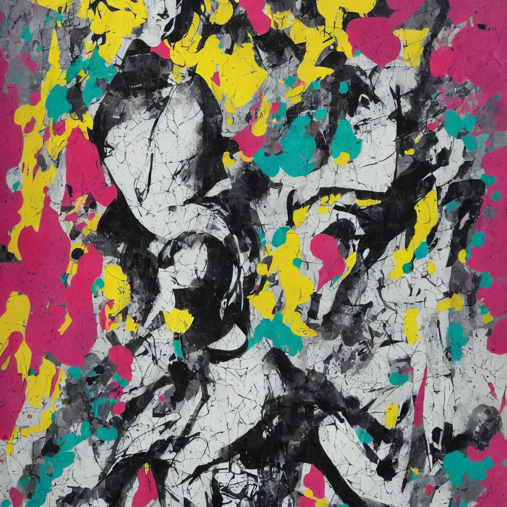 Prompt: girl figure, abstract, jet set radio artwork, ryuta ueda artwork, cryptic, rips, spots, asymmetry, stipple, lines, splotch, color tearing, pitch bending, stripes, dark, ominous, eerie, hearts, minimal, points, technical, old painting, natsumi mukai artwrok, folds
