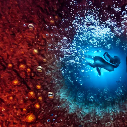 Image similar to deep underwater photo with nothing but water and bubbles and a tiny cyborg in the center. Cinematic post-processing. Award winning