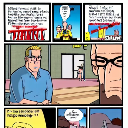 Prompt: comic strip, comic book, hank hill being irresponsible with propane