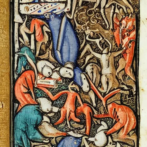 Prompt: grotesque creatures in the margins of old illuminated manuscripts