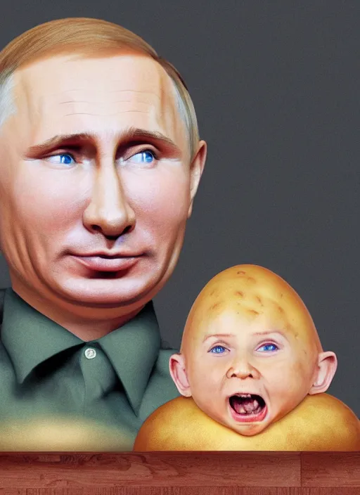 Image similar to a potato photo of Putin as a mentally challenged baby potato melting, 4k, trending on arstation, Norman Saunders