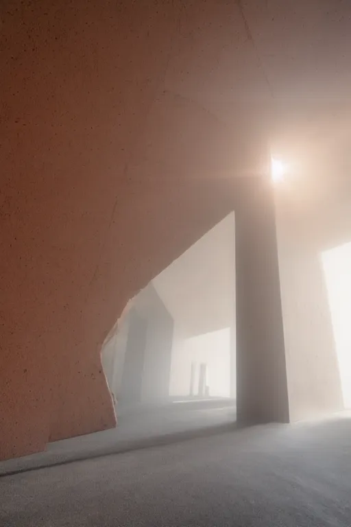 Image similar to inside a tall vetical room, monolithic, open wall architecture, dust cloud enter through giant open windows, high winds, concrete pillars, ancient sci - fi elements, on an alien planet, sun is blocked by dust, pale orange colors, cinematographic wide angle shot, f / 2 4, motion blur