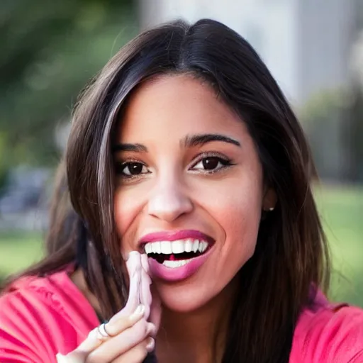 Image similar to olivia lopes from the h3 podcast posing to take a picture with her mouth tilted, high quality, photography