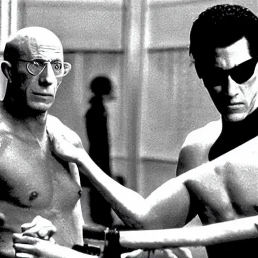 Image similar to Scene from Matrix 5 where Neo fights Michel Foucault played by Rock Hudson