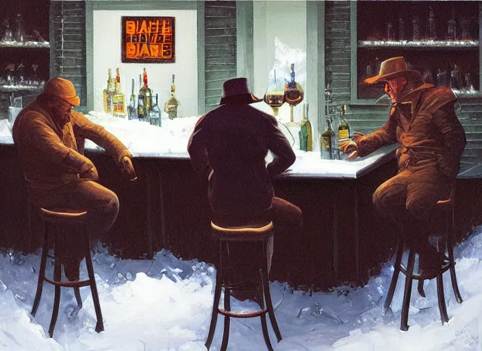 Image similar to a painting of two men sitting at bar during a blizzard by Michael Whelan, dim lighting, ominous tone.