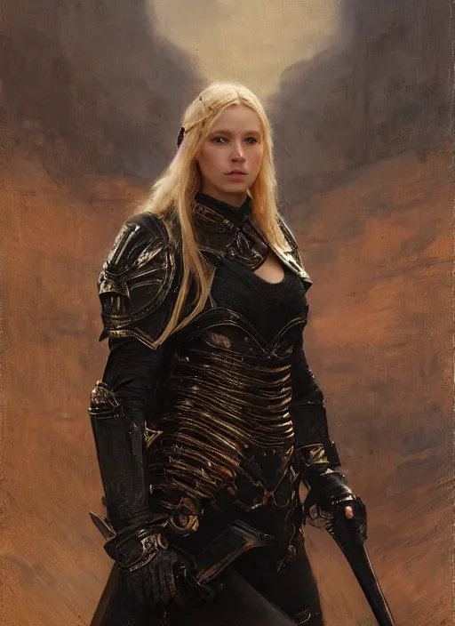 Image similar to young blonde woman wearing a simple black medieval armour, by gaston bussiere, bayard wu, greg rutkowski, giger, maxim verehin, greg rutkowski, masterpiece, sharp focus, cinematic lightning