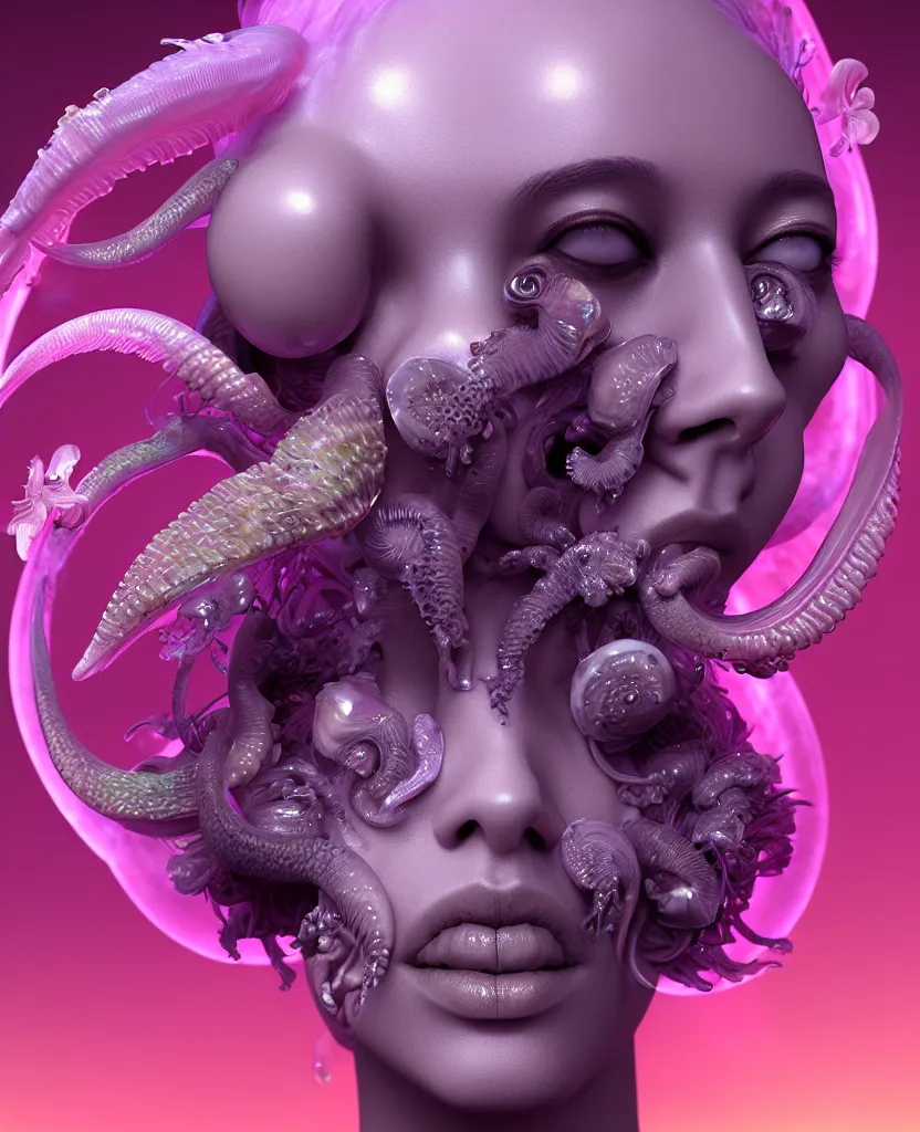 Image similar to goddess princess beautiful face close-up portrait ram skull zbrush sculpt. jellyfish phoenix head, nautilus, orchid, skull, betta fish, bioluminiscent creatures, intricate artwork by Tooth Wu and wlop and beeple. octane render, trending on artstation, greg rutkowski very coherent symmetrical artwork. cinematic, hyper realism, high detail, octane render, 8k