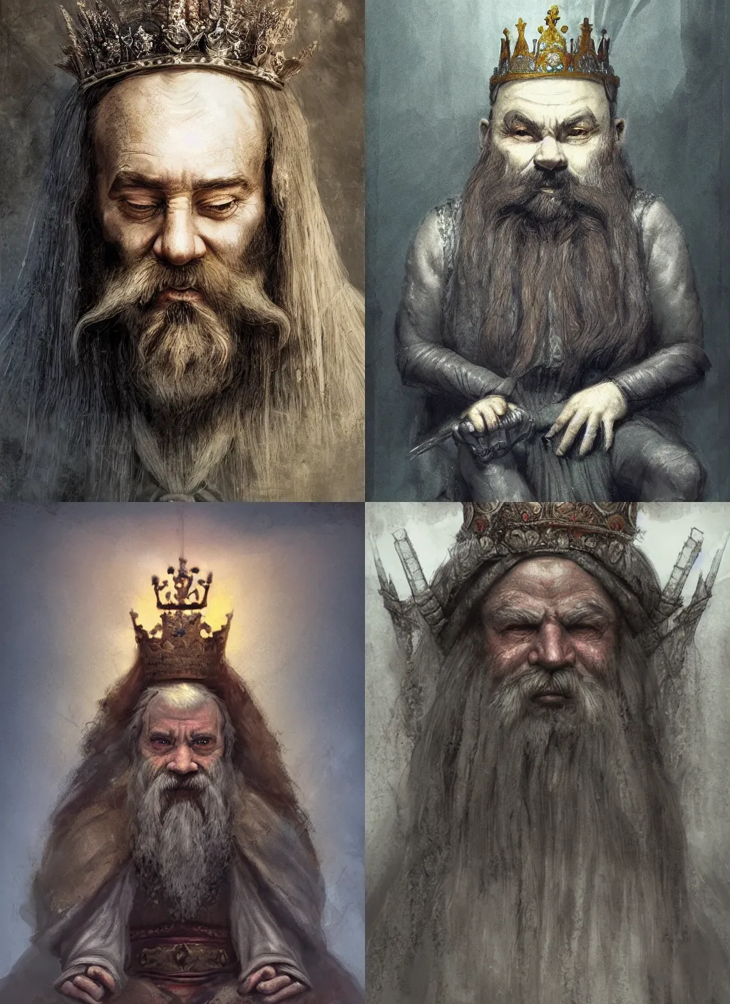 Prompt: portrait of a gentle and wise dwarf king with a crown with long hairs sitting on his throne in alan lee and marc simonetti and emil melmoth style , cinematic lighting